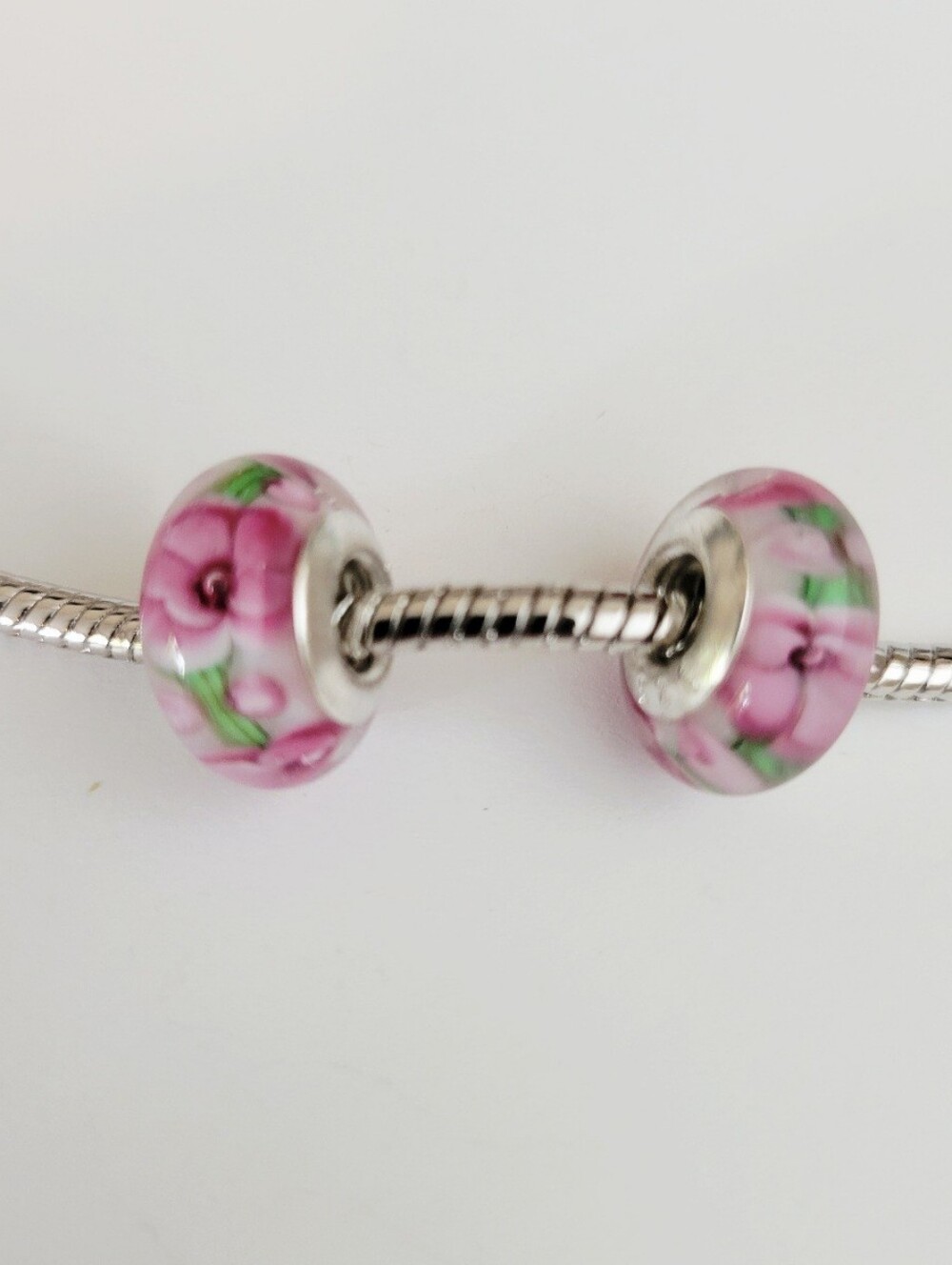 New! TWO For Pandora Charm Bracelets Lampwork Murano Glass Beads Pink Flowers